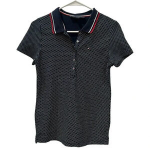 Tommy Hilfiger Navy Blue Polo White Polka Dot Collared Shirt Womens Size Small